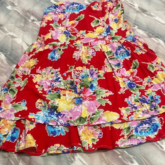 Red Floral Strapless sweetheart Dress size 10 but ptp 14 Layered bottom Length28 - Picture 1 of 13